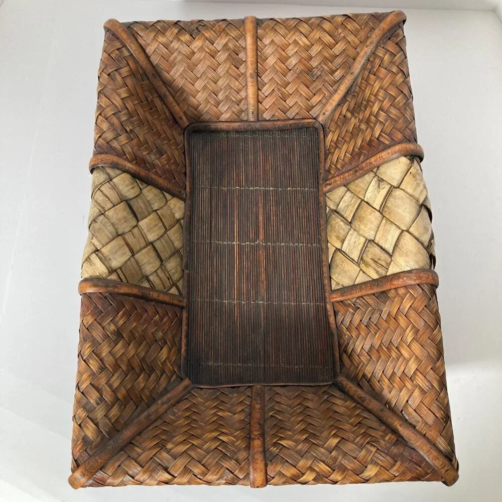 Vintage Rectangular Lattice Grass Bamboo 2 Toned‎ Stained Basket 11x 16 x 4